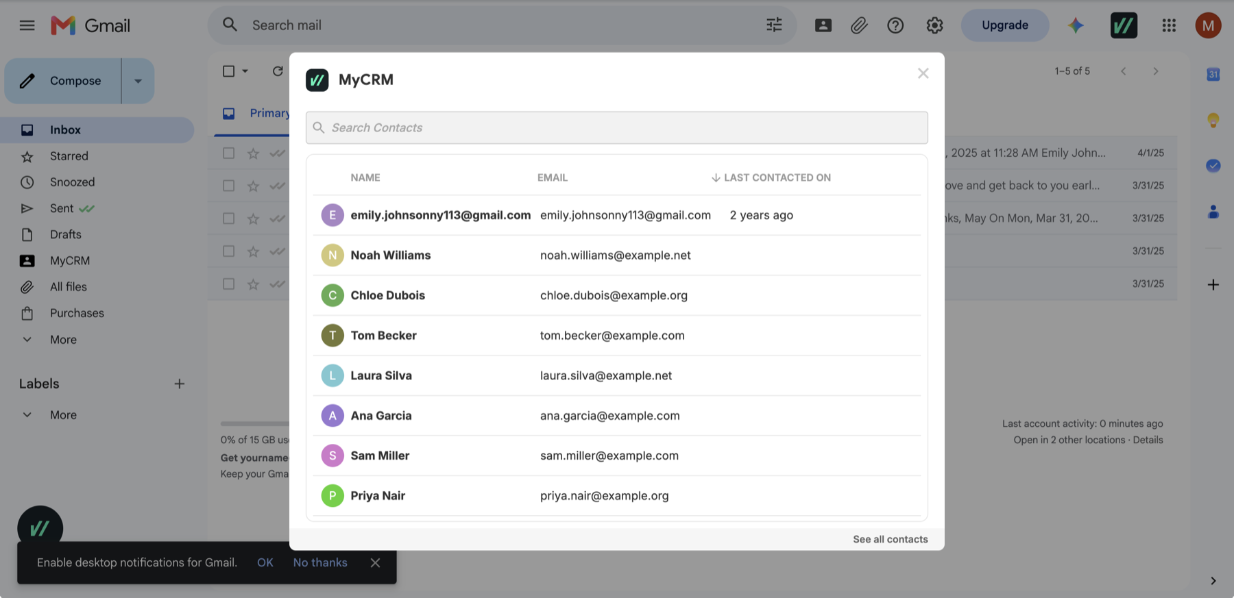 MyCRM in the Gmail sidebar, showing your contacts and a Search Contacts box