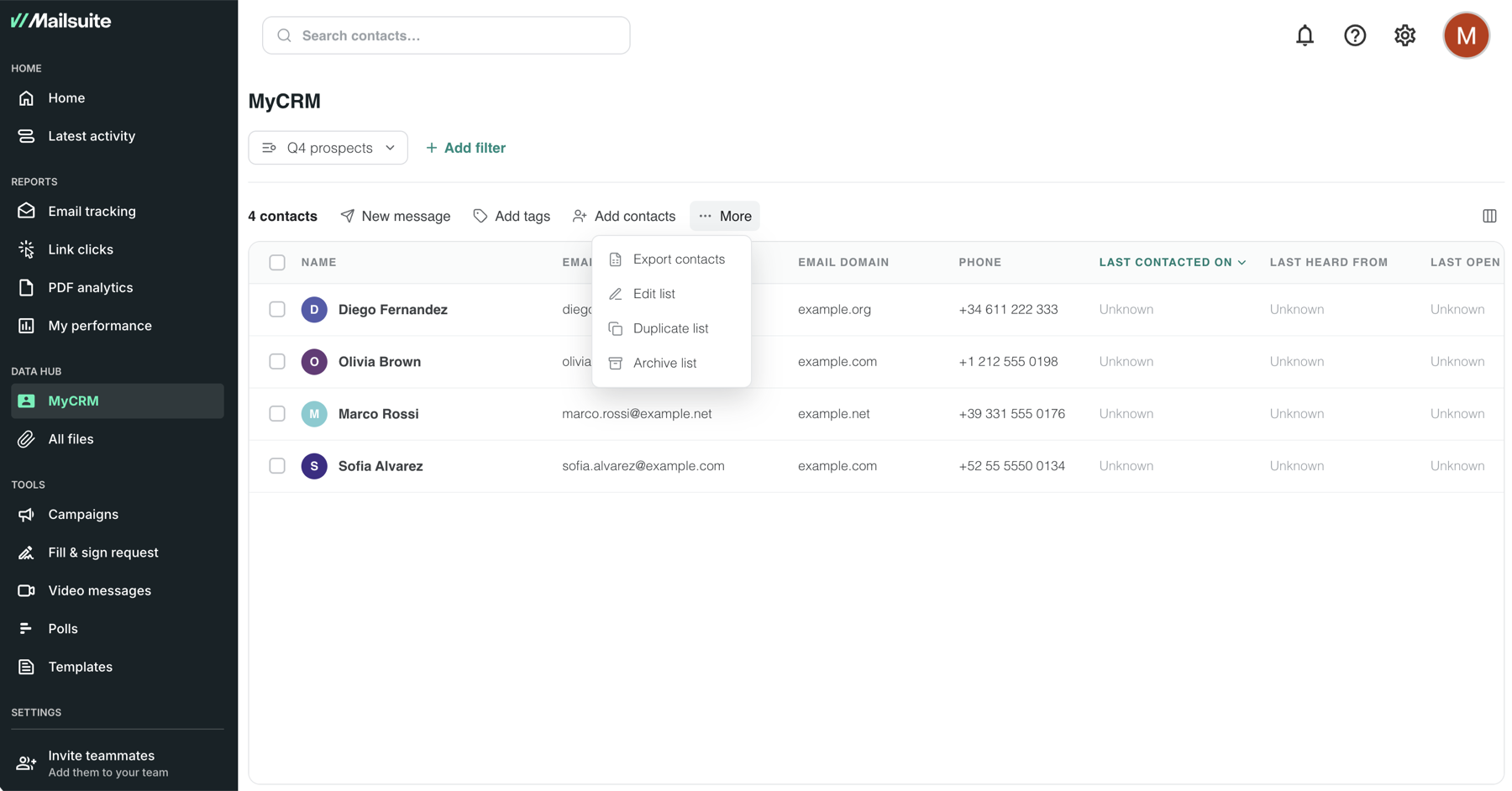 The More menu for a list, with Export contacts, Edit list, Duplicate list and Archive list