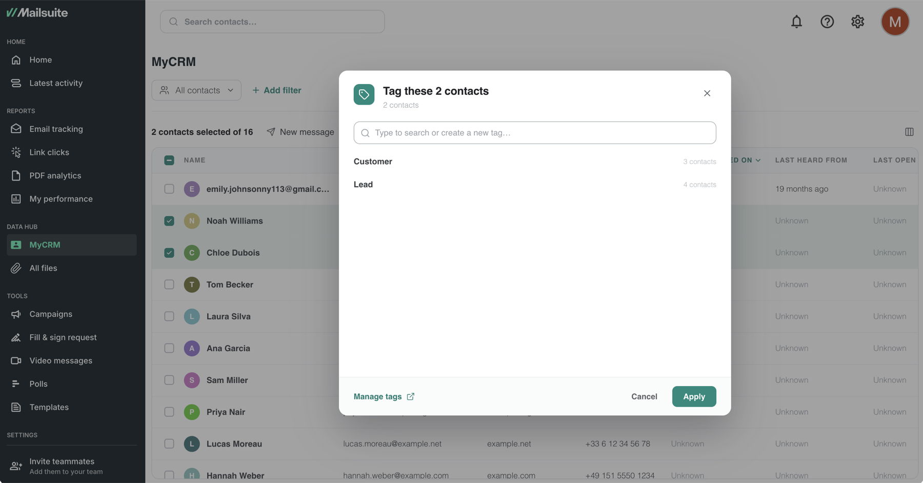 The Tag these contacts window, where you can search or create a tag