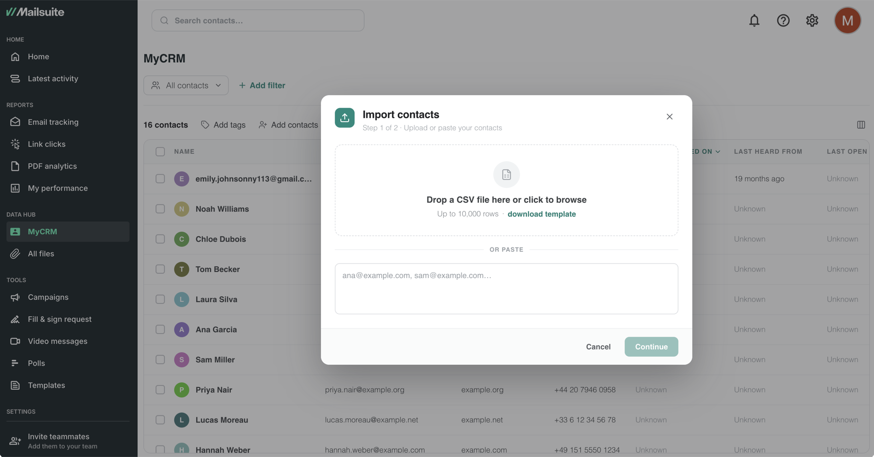 The Import contacts window, with the CSV drop zone, the download template link and a box to paste emails