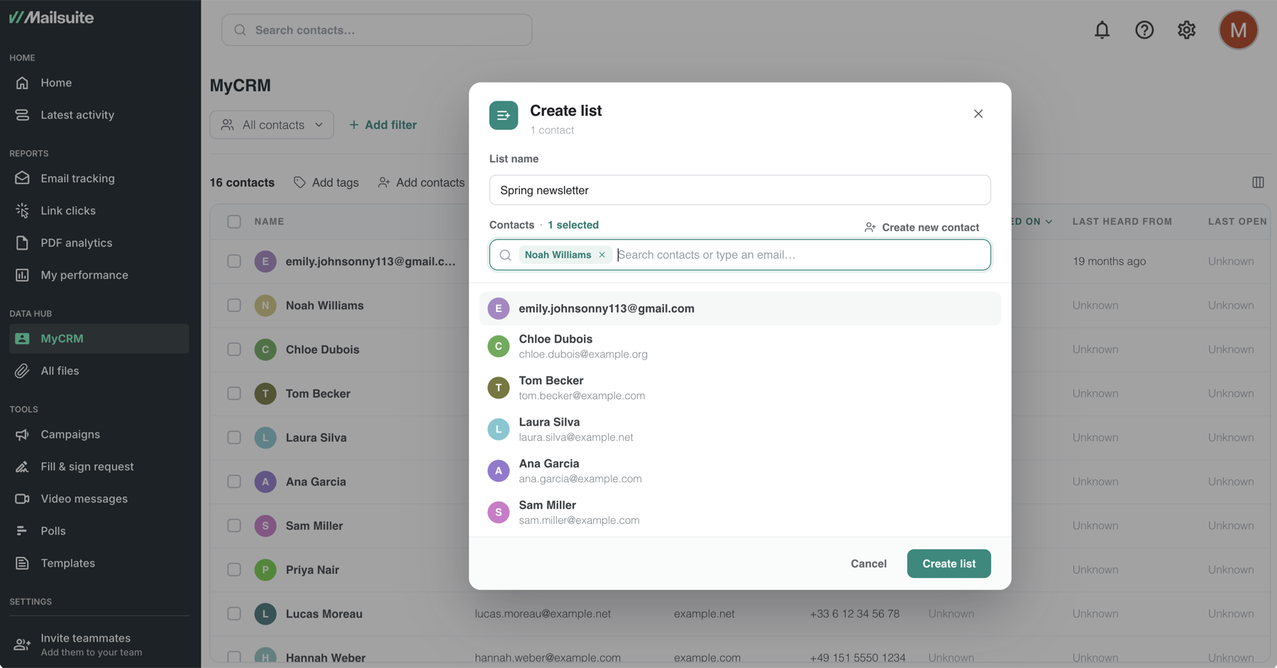 The Create list window with a list name and a contact picker
