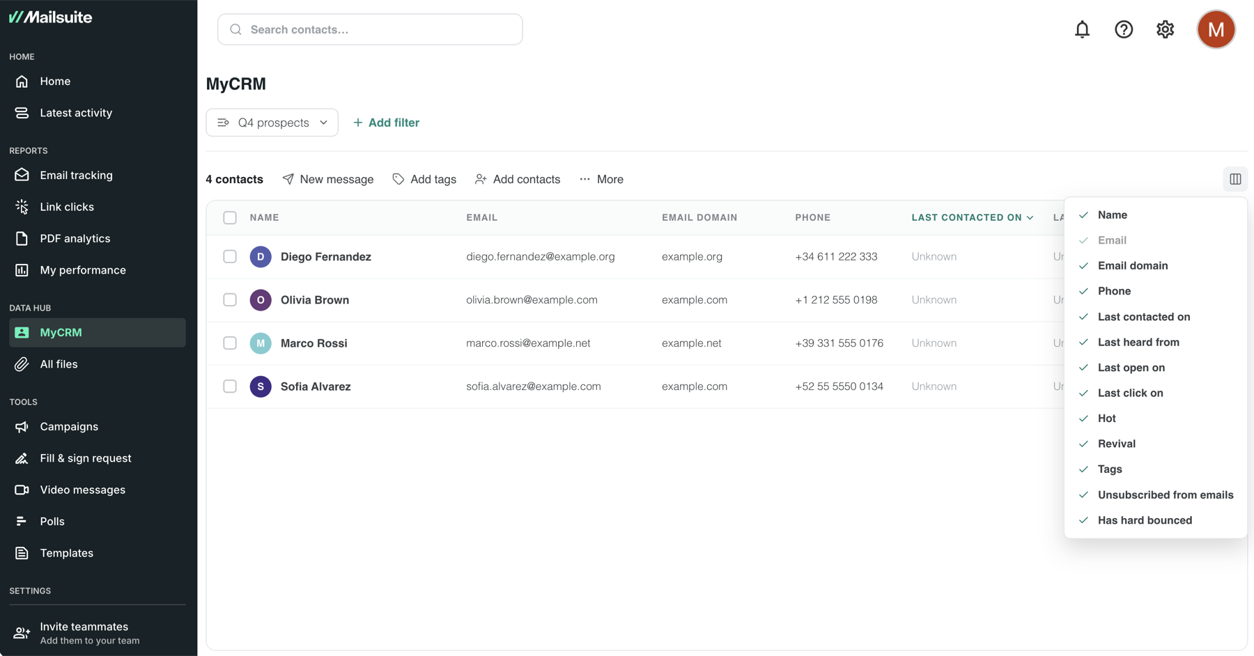 The column picker for the contacts table